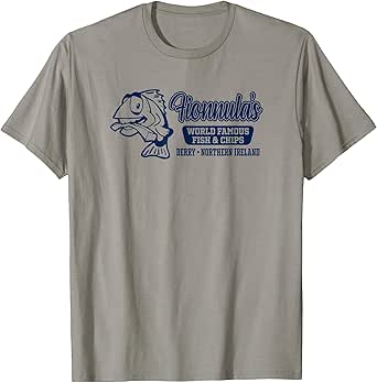 Utopia Sport Northern Ireland Shop Fionnula's World Famous Fish & Chips T-Shirt - Adult, Unisex, Grey, Small, Short Sleeve, Classic Fit, Polyester, Machine Wash, Round Neck, Pull On