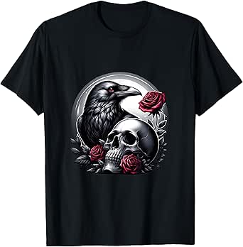 Raven skull bird crow dark gothik roses T-Shirt