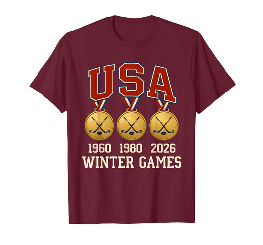 Ice Hockey 2026 Sticks US Flag Patriotic Player Men Boys Kid T-Shirt - T-Shirt | Maroon