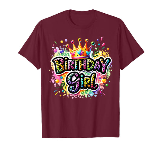 Birthday Girl Leopard Colorful Queen Crown Bday Party Family T-Shirt