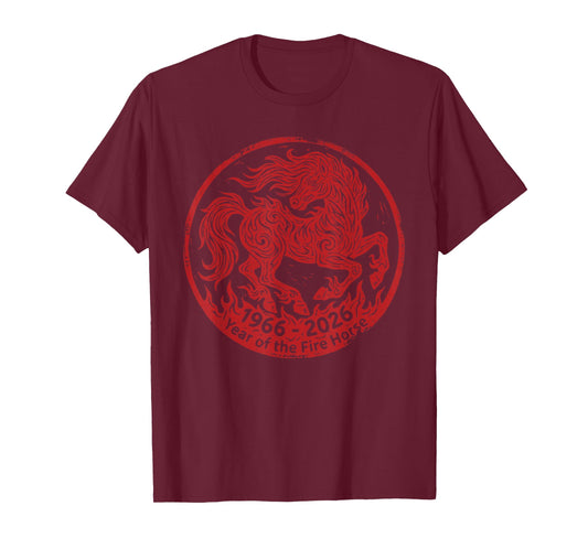1966 2026 Year of The Fire Horse 60th Birthday Zodiac T-Shirt - T-Shirt | Maroon
