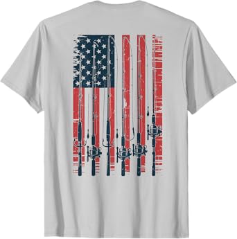 Youth American Flag Fishing Pole Men Boys Patriotic Fishing T-Shirt