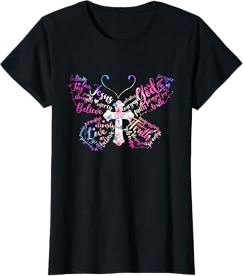 Butterfly Prayer Jesus Christian Cross Floral Pattern T-Shirt