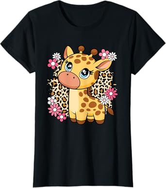 Cute Giraffe Flowers Giraffe Lover Women Girls Kids T-Shirt