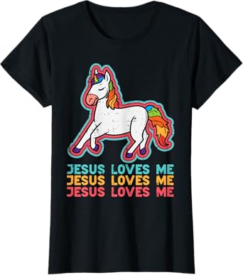 Unicorn Jesus Loves Me Catholic God Christian Women Girls T-Shirt
