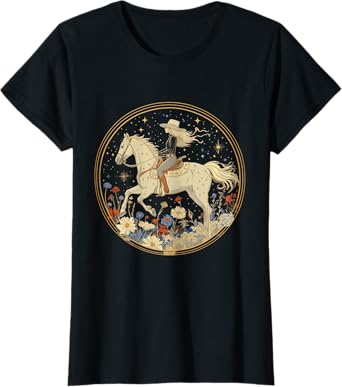 Cowgirl Riding Horse In Wildflower Field Floral Horse Girl T-Shirt