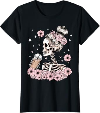 Halloween Skeleton Messy Bun Coffee Funny Costume Mom Women T-Shirt