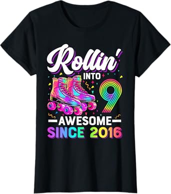 9th Birthday Shirt Girl Nine 9 Year Old Roller Skate Skating T-Shirt
