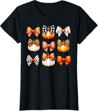 Coquette Bow Pumpkin Season Thanksgiving Autumn Fall Leaves T-Shirt