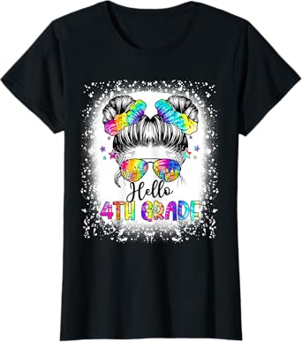 Hello 4th Grade Messy Hair Bun Girl Back To School First Day T-Shirt