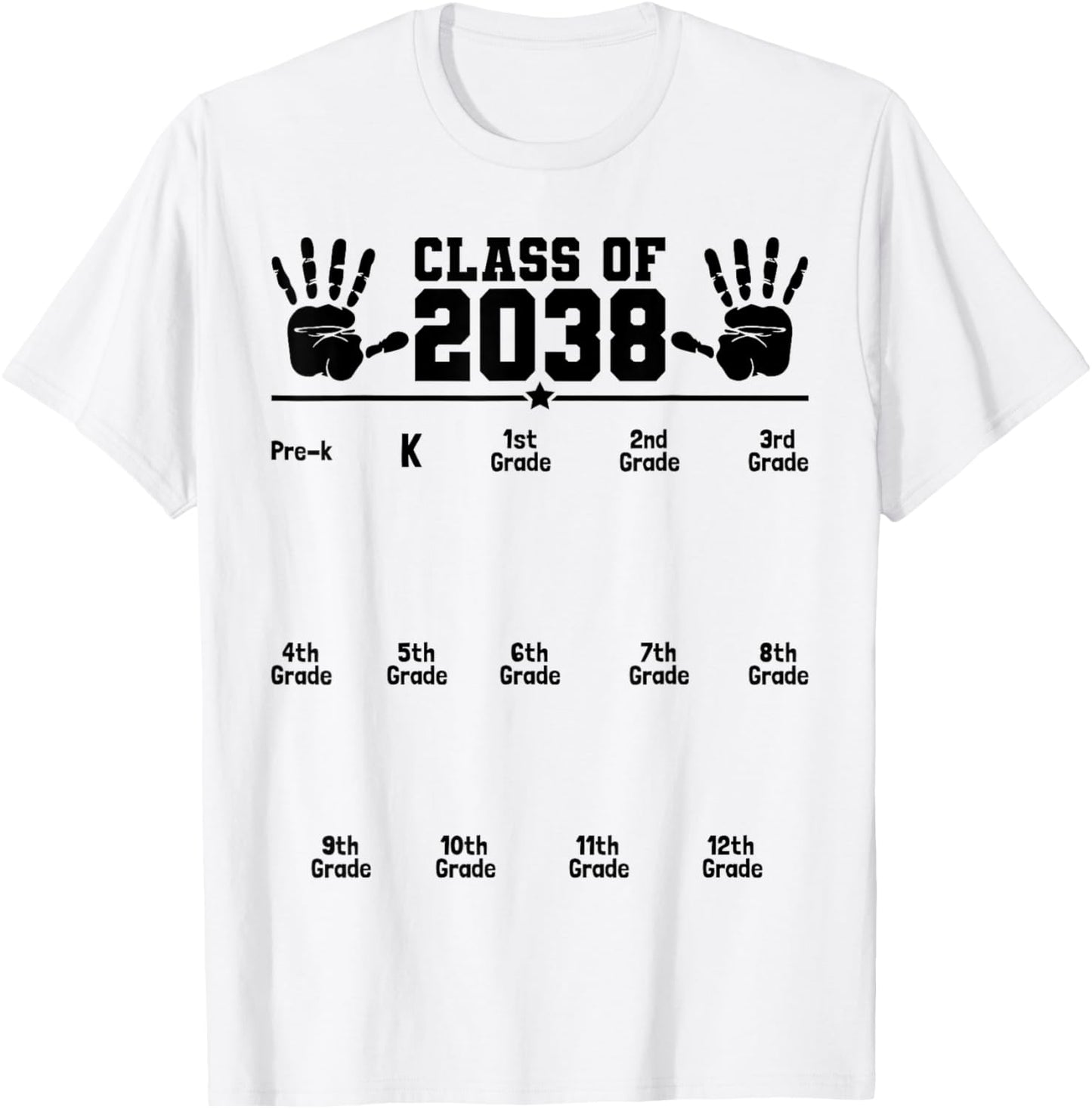 Class Of 2038 Grow With Me Handprint Pre‑K to 12th Grade Tee by TeeBrew