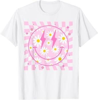 Retro Happy Smile Face Checkered Pattern Pink Daisy Flower T-Shirt