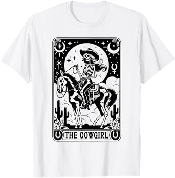 Skeleton Cowgirl Riding Horse Tarot Card Gothic Halloween T-Shirt