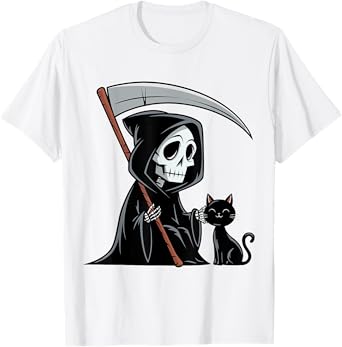 Funny Grim Reaper Black Cat Lovers Spooky Halloween Cats Men Women T-Shirt