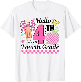 First Day Of School Back To School Hello 4th Grade Bow Girls T-Shirt