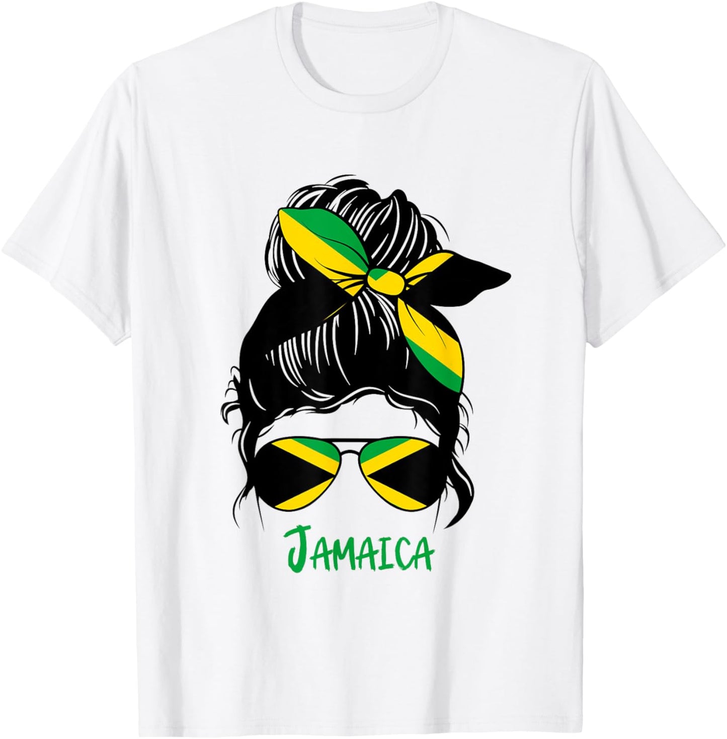 Jamaican girl messy bun with bow and sunglasses in Jamaican T-Shirt