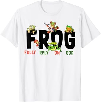 Funny Frog Fully Rely On God Tee Shirt - Unisex Kids Christian T-Shirt - White - Small - Short Sleeve