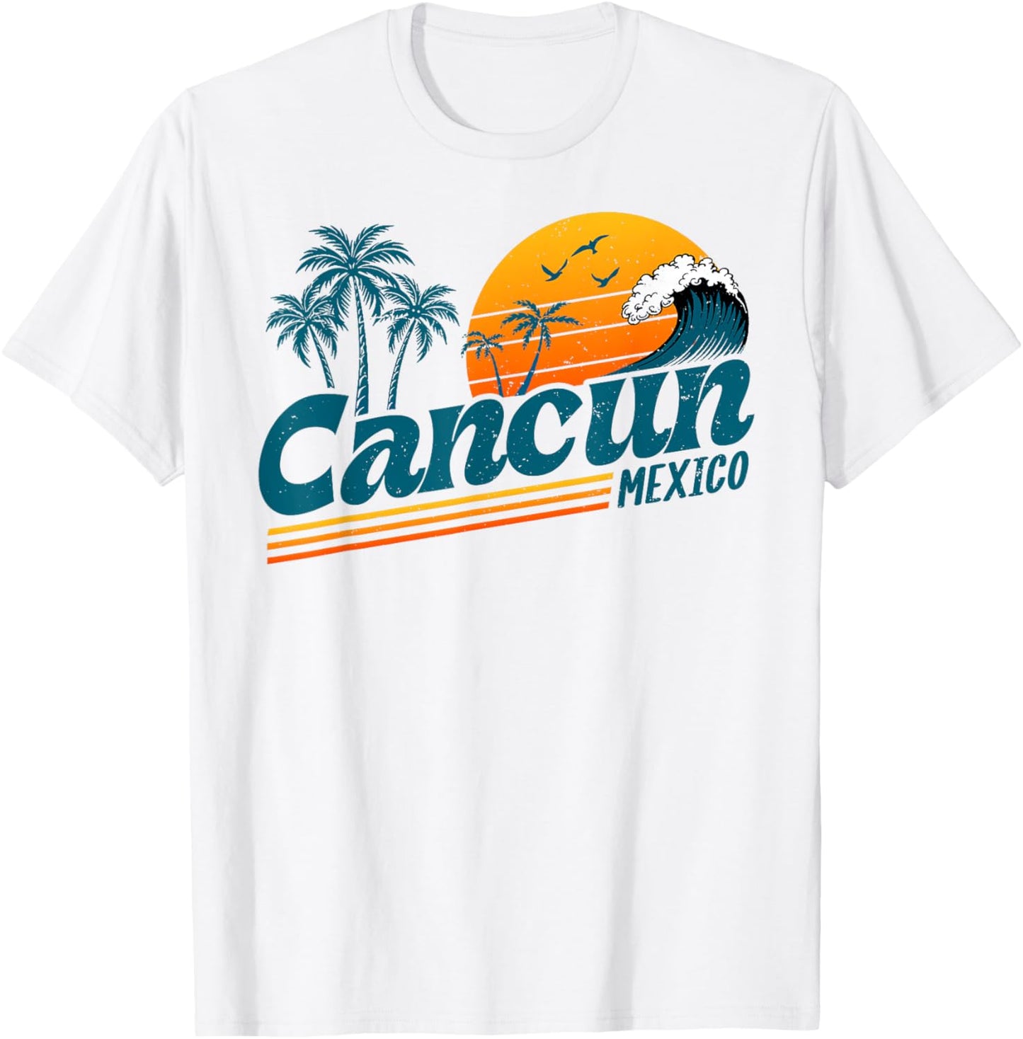 Retro Cancun Mexico Sunset Palm Tree Beach Summer Vacation T-Shirt