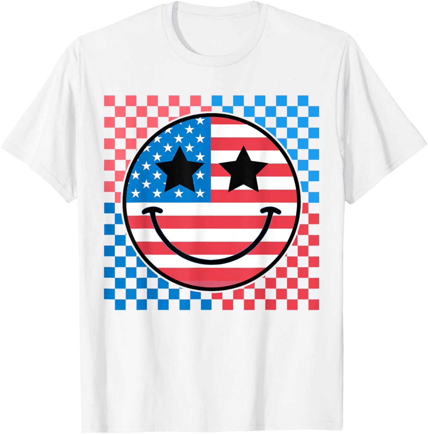 Happy 4th Of July Groovy Smile Face Red White Blue USA Flag T-Shirt