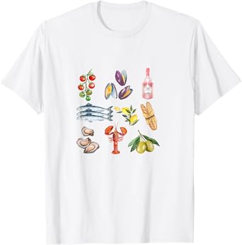 Italian Summer Scrapbook with seafood coastal Mediterranean T-Shirt for Men Women Kids