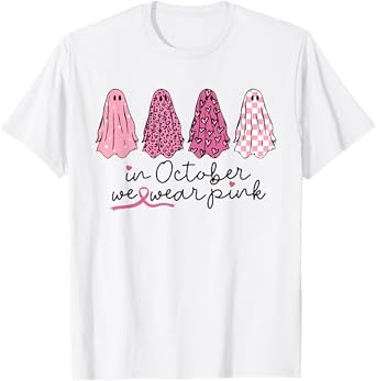 Women In October We Wear Pink Wizard Ghosts Breast Cancer T-Shirt