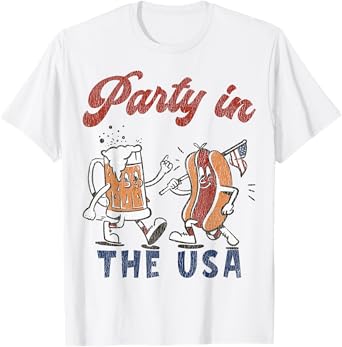 Retro Party In The USA Beer Hot Dog Lover Funny 4th Of July T-Shirt for Women Men