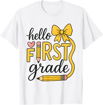 Hello First Grade Teacher Coquette Pencil Bow Back To School T-Shirt