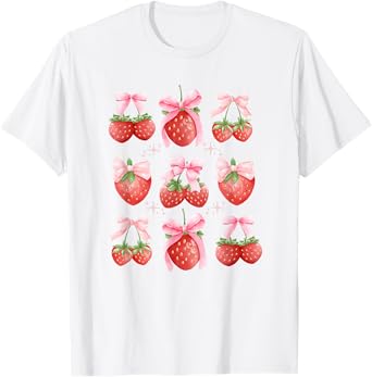 Cute Pink Bow Coquette Strawberry Clean Girl Aesthetic T-Shirt
