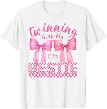 Pink Bow Twinning With My Bestie Friends Twins Day Girls T-Shirt