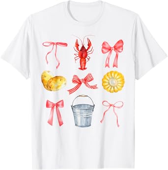 Cute Pink Bow Coquette Crawfish Boil Lobster Girl Aesthetic T-Shirt