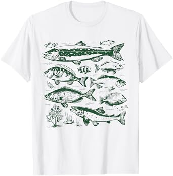 Vintage Fish Fishing Tee Retro Fish Species Biology T-Shirt, Unisex Adult, White, Small, Short Sleeve