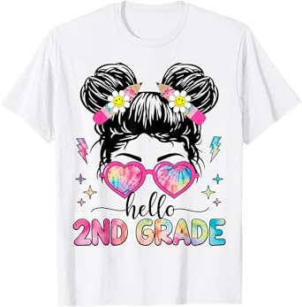 Hello 2nd Grade Messy Bun Girl Back To School First Day T-Shirt