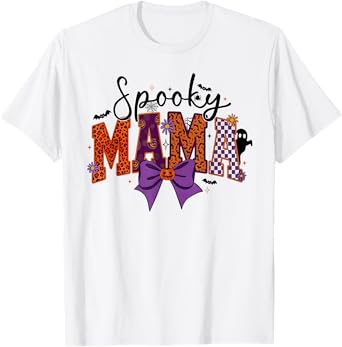 Spooky Mama Groovy Vintage Ghost Halloween Coquette Bow T-Shirt