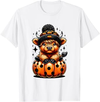 Cute Highland Cow Halloween With Pumpkin Spooky Season Funny T-Shirt