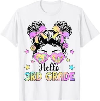 Hello 3rd Grade Messy Hair Bun Girl Back To School First Day T-Shirt