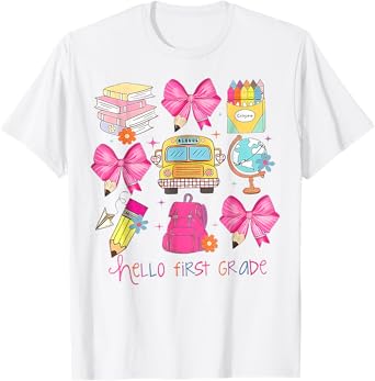 Hello First Grade Teacher Coquette Bow Back To School Girl T-Shirt