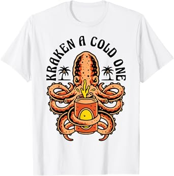 Island Beach Style Kraken a Cold One Octopus Beer Vacation T-Shirt for Men