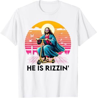 He Is Rizzin Jesus Riding Scooter Easter Christian Men Boy T-Shirt