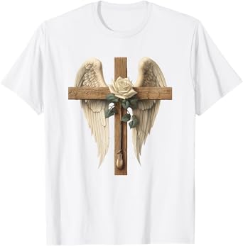 White Rose Flower Christian Cross For Women With Angel Wings T-Shirt
