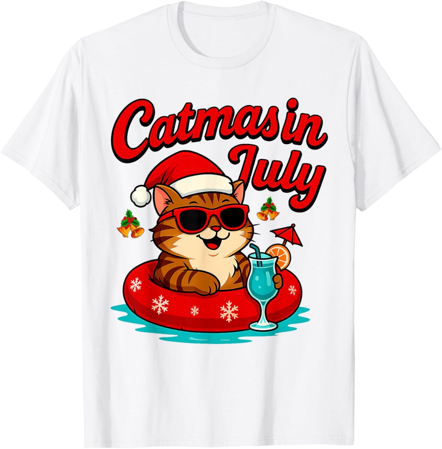Catmas In July Cat & Santa Hat On Float Christmas In July T-shirt