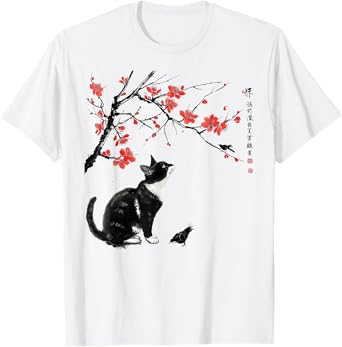 Japanese Nature art: Cat and bird with Cherry Blossom tree T-Shirt