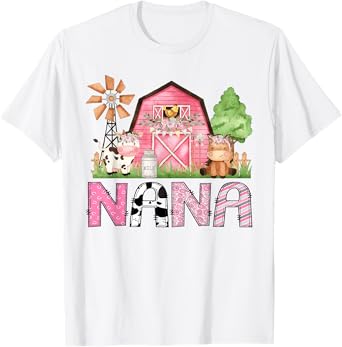 Nana Pink Farm Animal Birthday Kids Matching Family T-Shirt