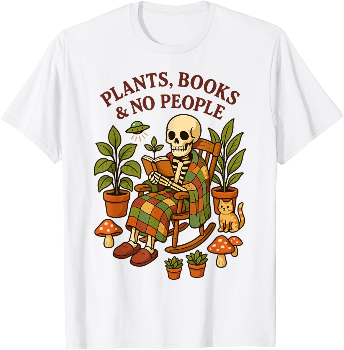 Plants Books and No People Introvert Skeleton Reading Vibes T-Shirt