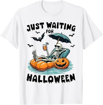 Funny Just Waiting For Halloween Skeleton Spooky Vibe Summer T-Shirt