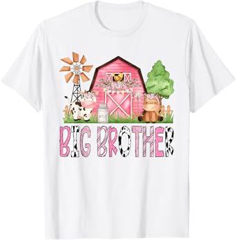 Big Brother Pink Farm Animal Birthday Kids Matching Family T-Shirt