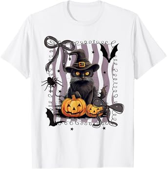 Spooky Witch Black Cat Halloween Coquette Bow Jack O Lantern Men Women Kids T-Shirt