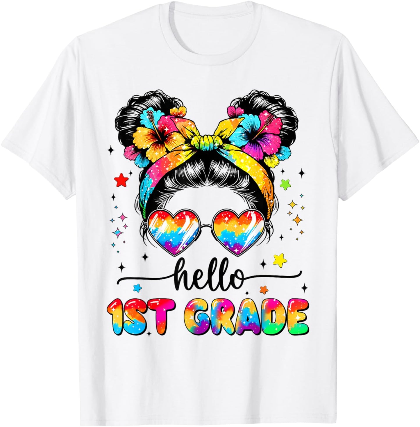Hello 1st Grade Messy Bun First Day Of School Outfits Girls T-Shirt