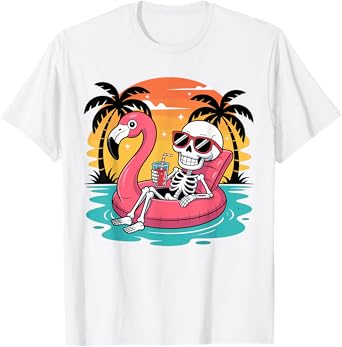 Summer Skeleton Flamingo Float Vacation Beach T-Shirt