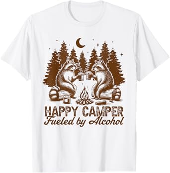 Camping Raccoon Drinking Beer Happy Camper Fueled By Alcohol T-Shirt