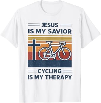 Jesus Is My Savior Cycling Is My Therapy Retro Vintage T-Shirt